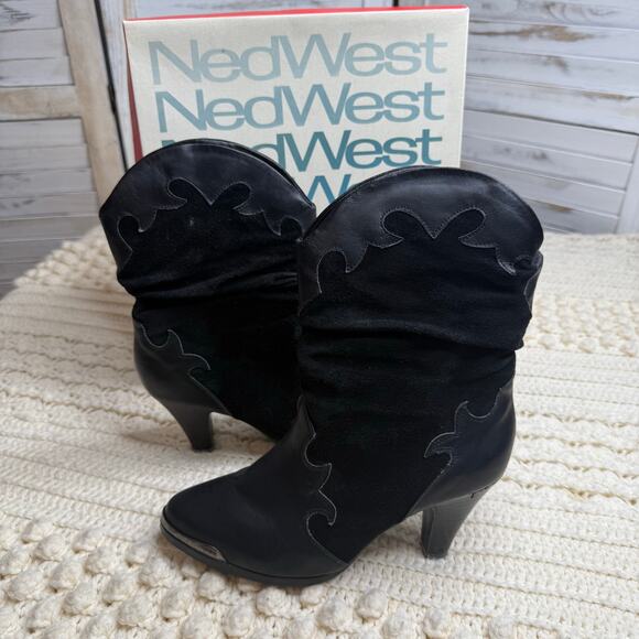 VINTAGE NEDWEST Women's Size 8 Slouchy Leather Heeled Cowgirl Boots Black Flames - Picture 14 of 14